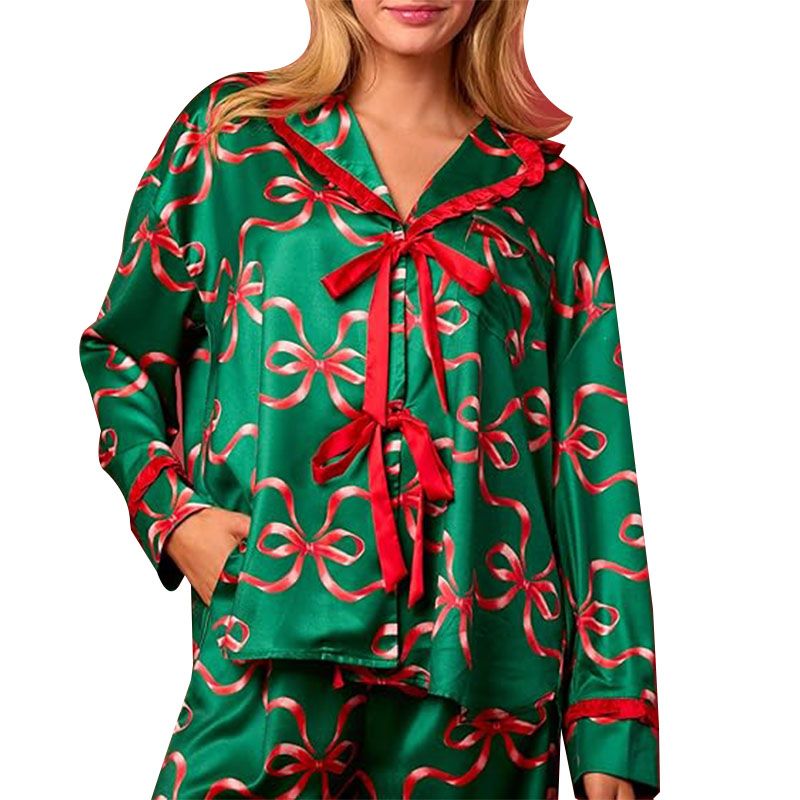 Christmas Pajamas for Women Bow Tie Long Sleeve Shirt Pants