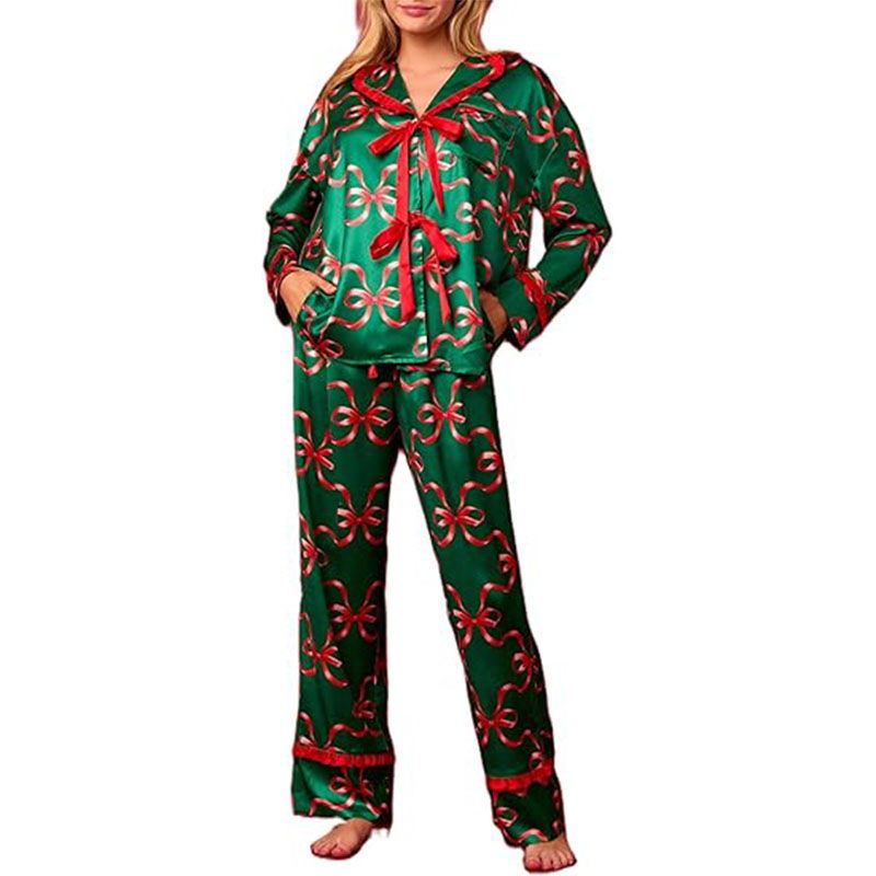 Christmas Pajamas for Women Bow Tie Long Sleeve Shirt Pants