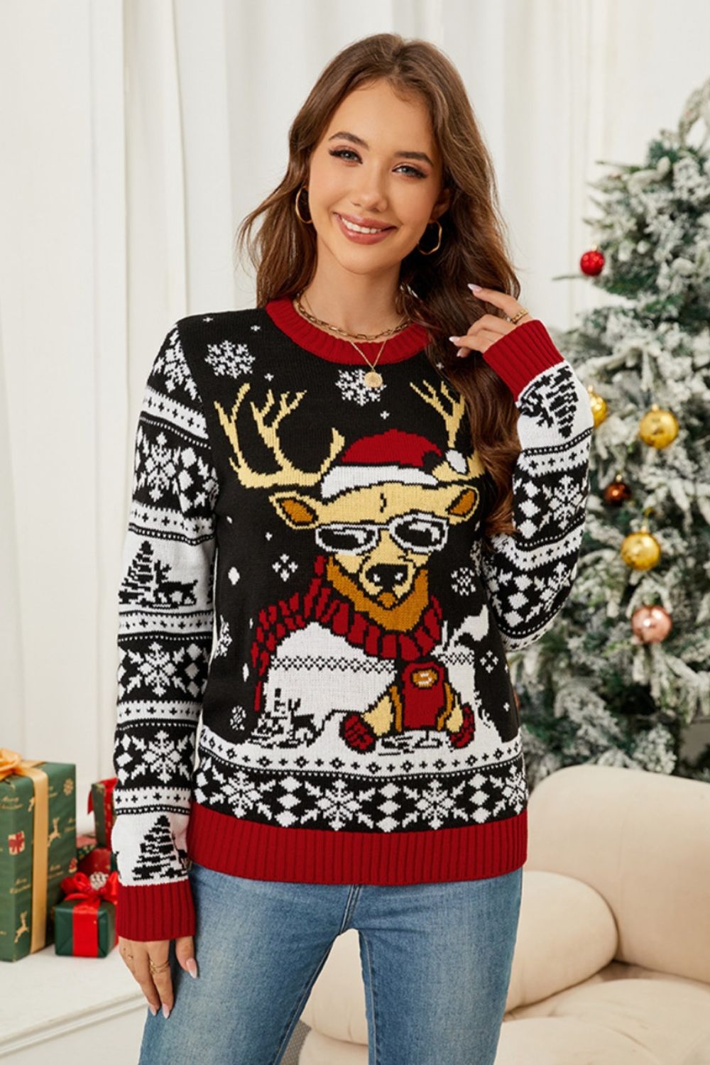 Christmas Pattern Round Neck Long Sleeve Sweater