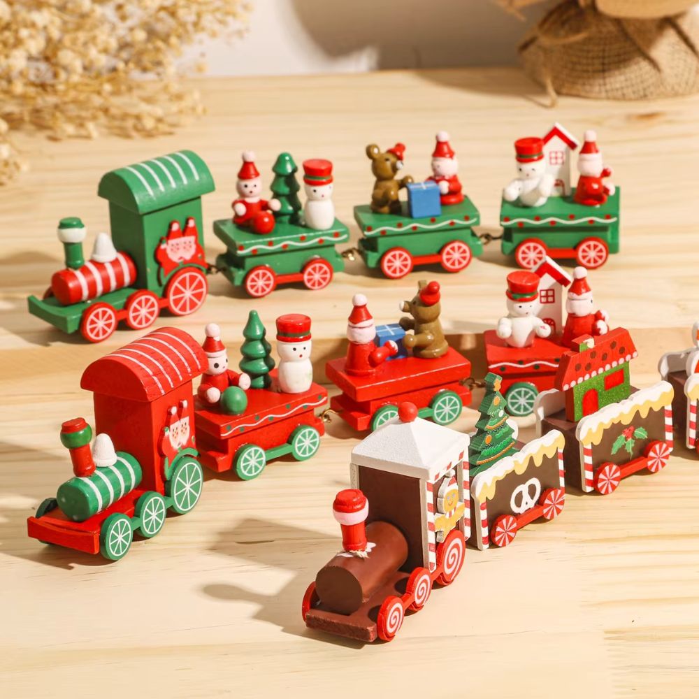 Christmas Wooden Train Ornaments Adorable Snowman and Gingerbread Designs