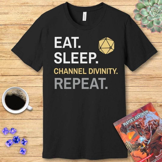 Cleric T-Shirt – 'Eat, Sleep, Channel Divinity, Repeat' - Navy / S