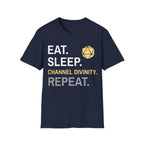 Cleric T-Shirt – 'Eat, Sleep, Channel Divinity, Repeat' - Navy / S