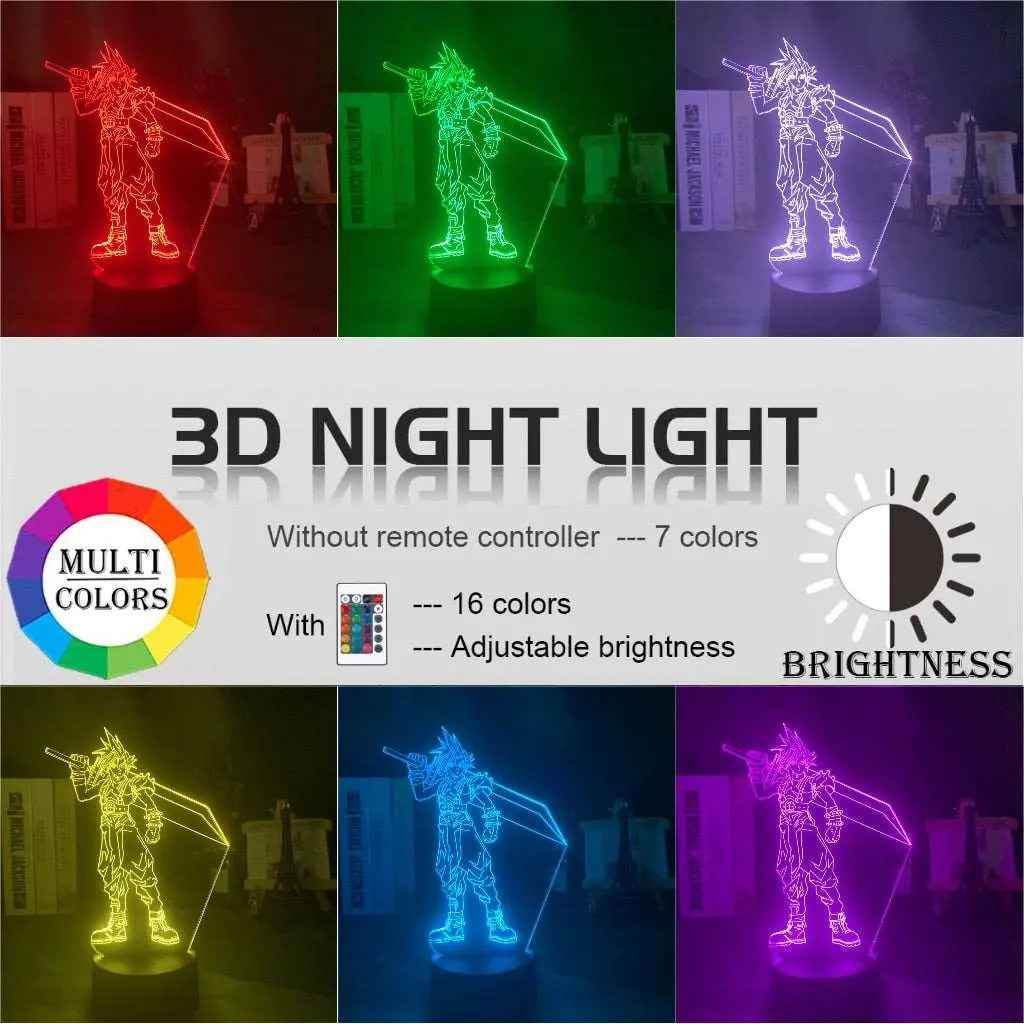 Cloud Strife Night Light – LED Touch Lamp for Game Room Lighting & USB Powered - Black with remote / United States