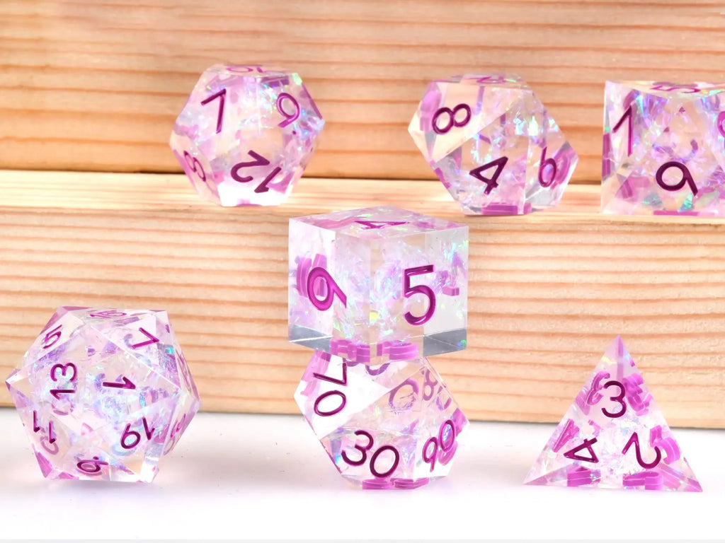 Colorful and glittering transparent resin solid DND multi-sided dice set + purple font