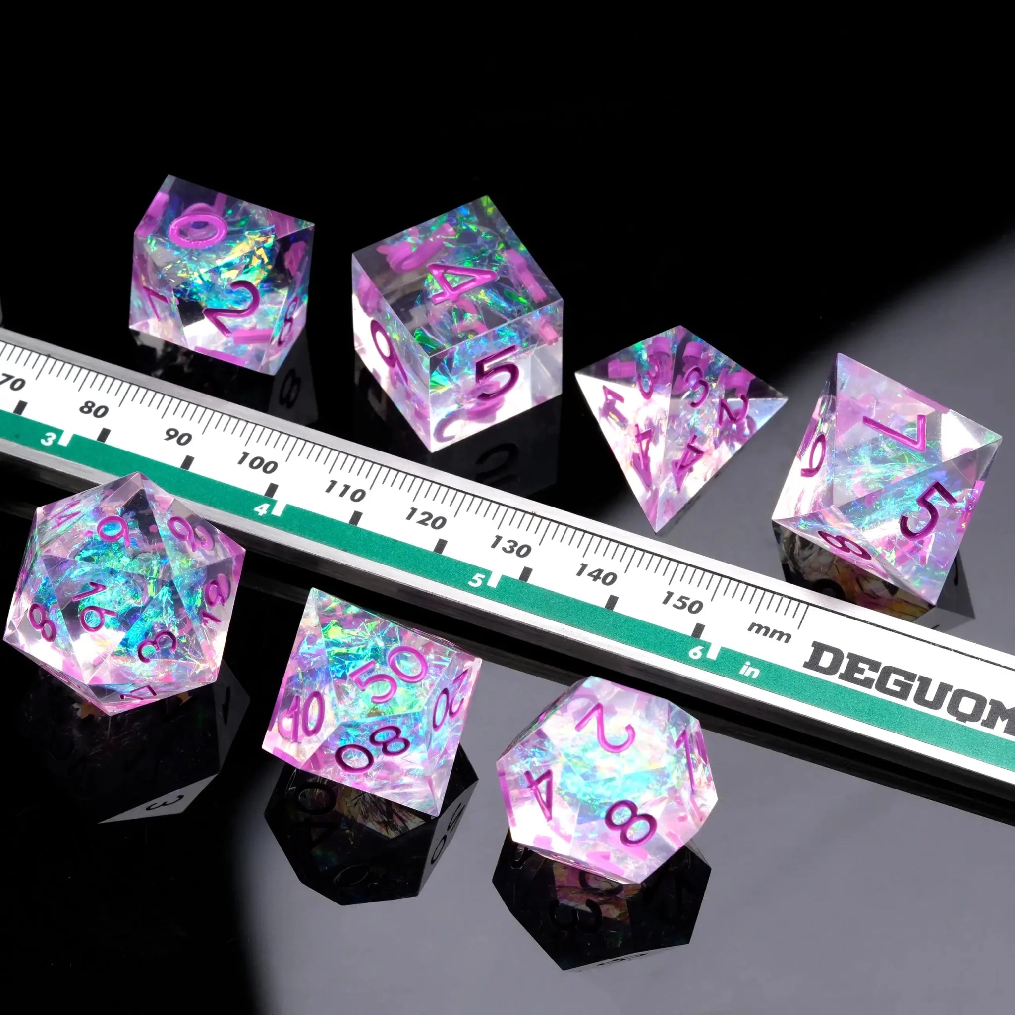 Colorful and glittering transparent resin solid DND multi-sided dice set + purple font