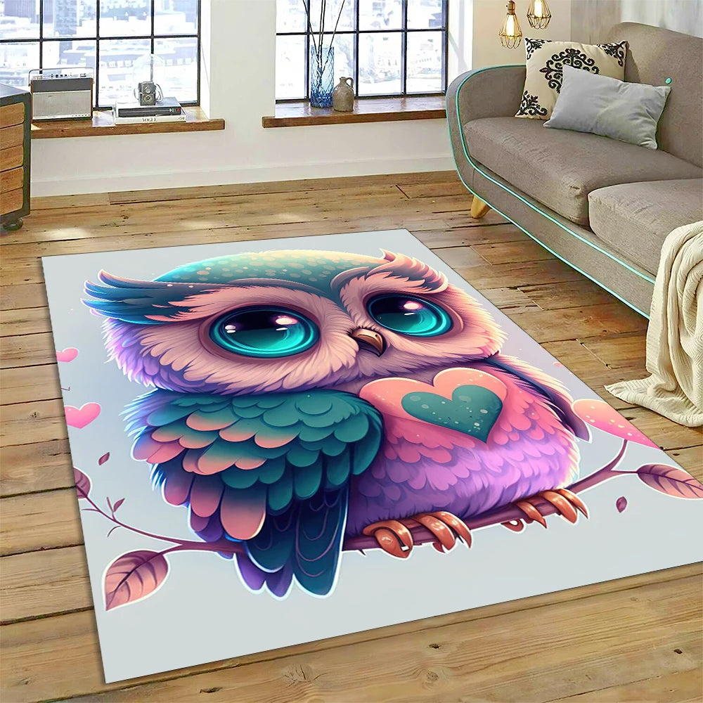 Colourful Cute Owl Cartoon Birds Carpet Rug for Home Living Room Bedroom Sofa Doormat Decor,Kid Play Area Rug Non-slip Floor Mat