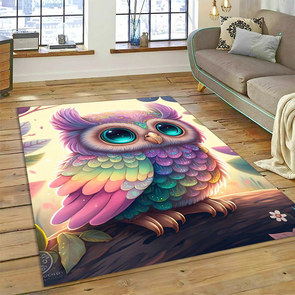 Colourful Cute Owl Cartoon Birds Carpet Rug for Home Living Room Bedroom Sofa Doormat Decor,Kid Play Area Rug Non-slip Floor Mat