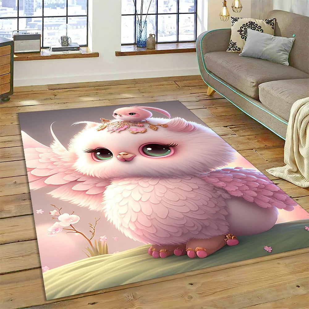 Colourful Cute Owl Cartoon Birds Carpet Rug for Home Living Room Bedroom Sofa Doormat Decor,Kid Play Area Rug Non-slip Floor Mat