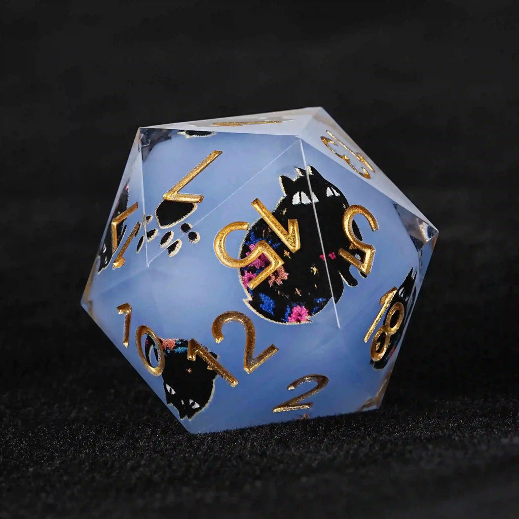 Cool dice sets: 7 gold font polyhedron dnd black cat resin dice