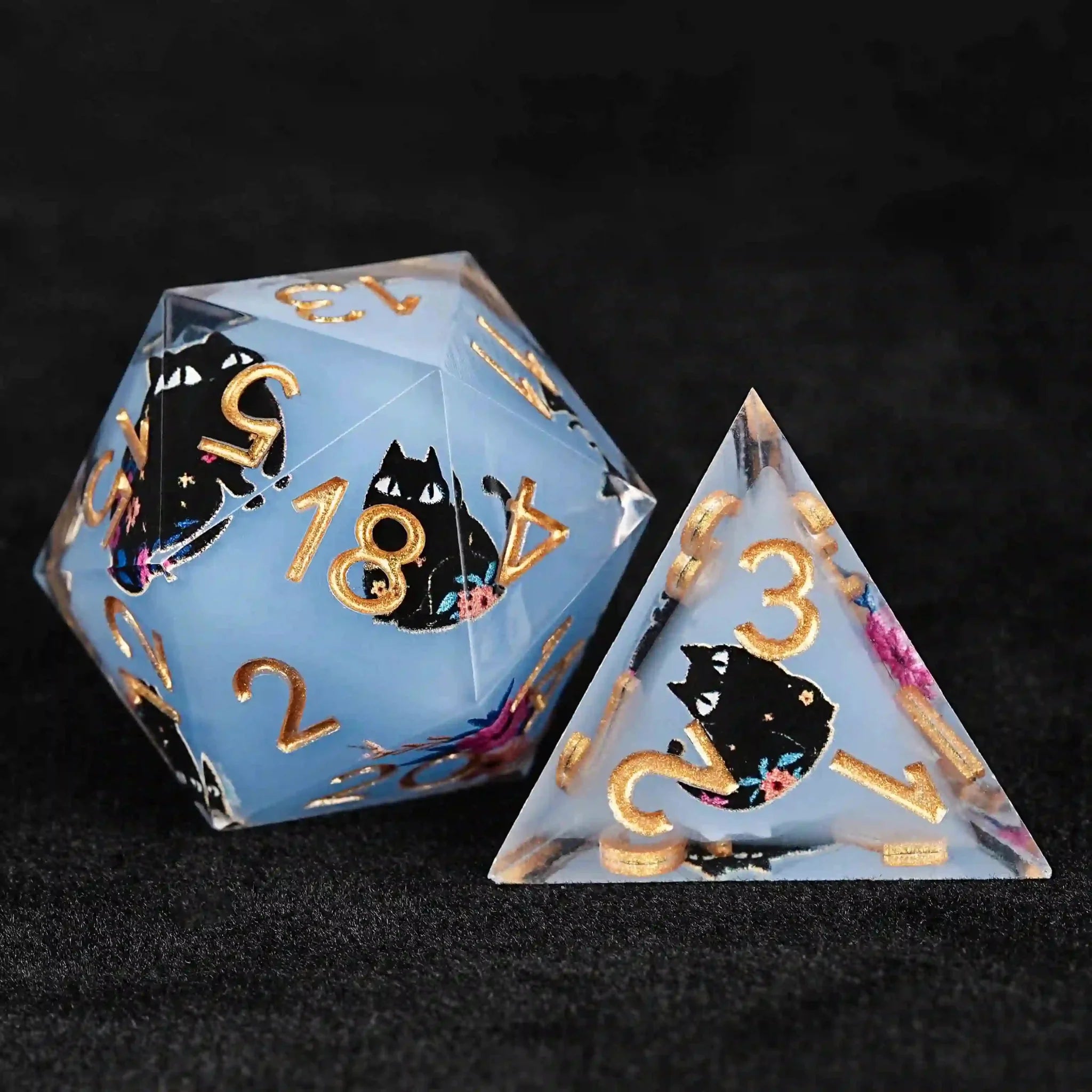 Cool dice sets: 7 gold font polyhedron dnd black cat resin dice