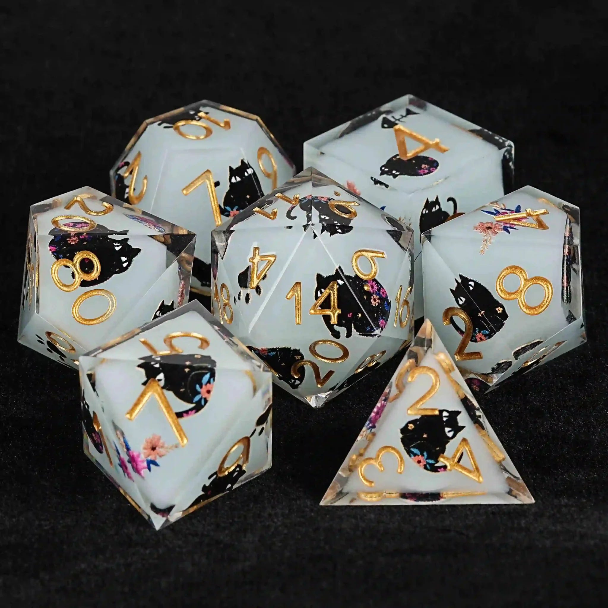 Cool dice sets: 7 gold font polyhedron dnd black cat resin dice