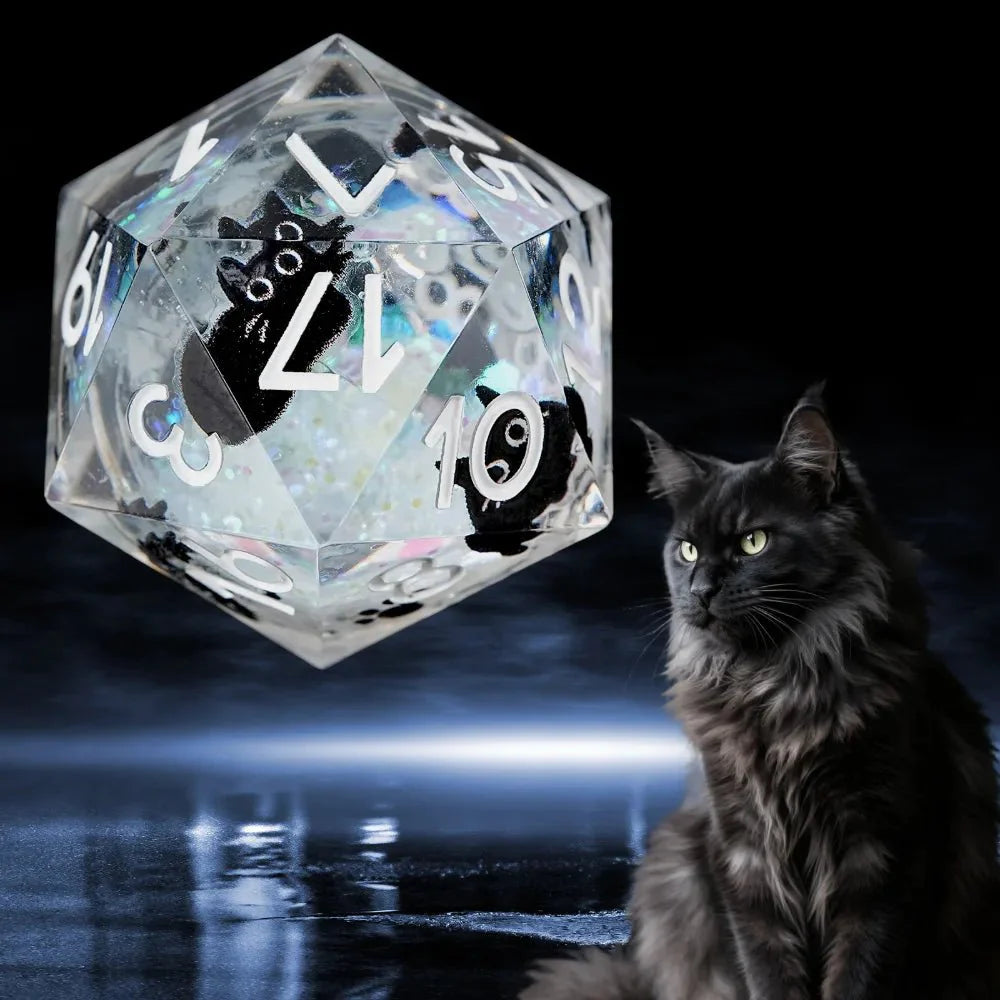 Cool dice sets: 7 gold font polyhedron dnd black cat resin dice