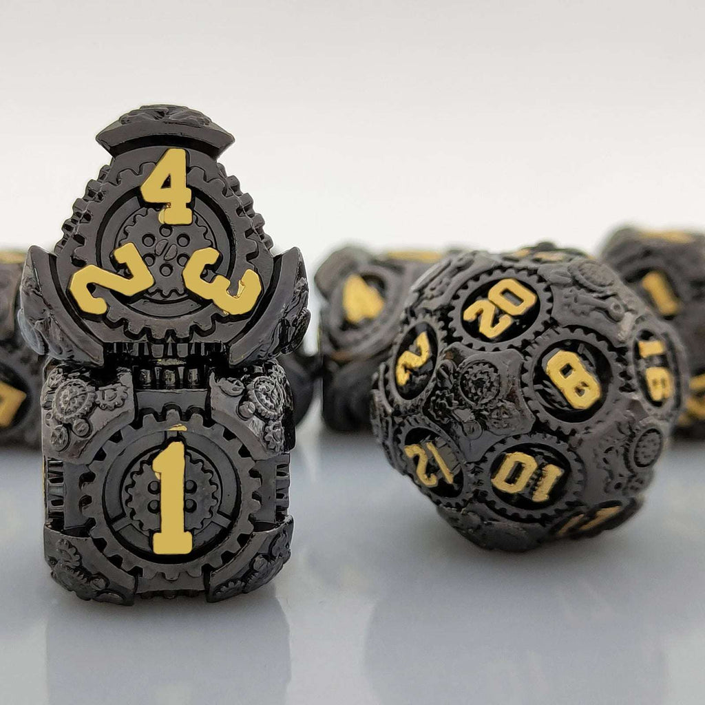Punk Steam Ming Dynasty - Black Gold Mechanical Gear Solid Metal Dice Set