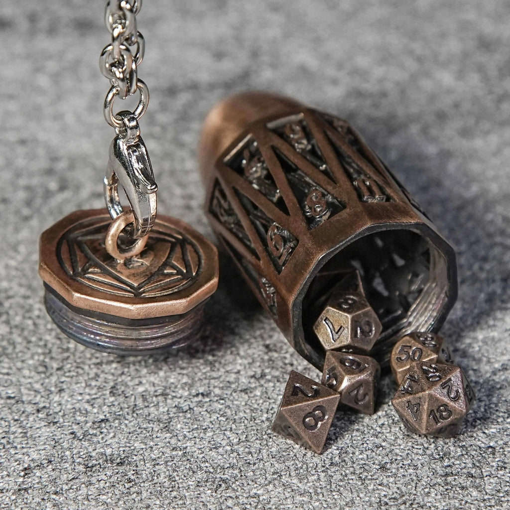 Copper Metal Bullet D20 Dice Cage with Mini DND Dice Set