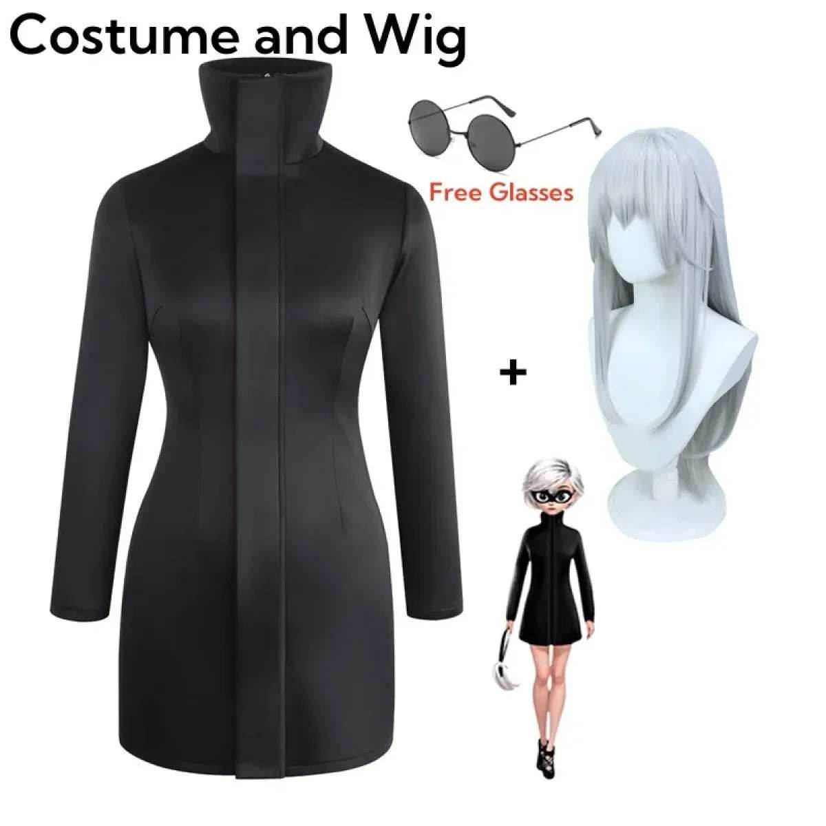 Gojo-Inspired Bodycon Cosplay Dress – Stretch Fit with Glasses Set - Costume and wig / S