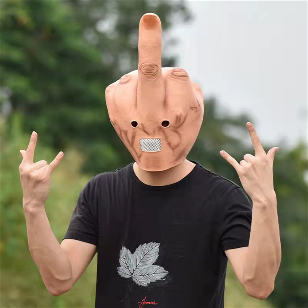 Cosplay Spoof Headgear Props Creative Personality Despises Vertical Middle Finger Latex Mask Halloween Creepy Fingers Mask