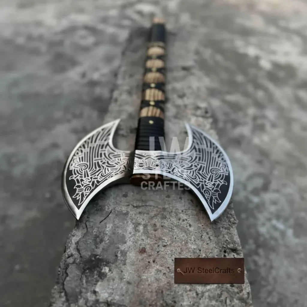 Hand-Engraved Double-Headed Nordic Inspired Decorative Axe