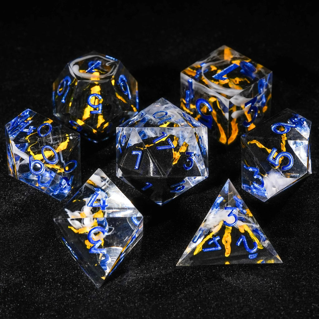 Creative Unique - Yellow Lava Resin DND Dice Set + Blue Numbers