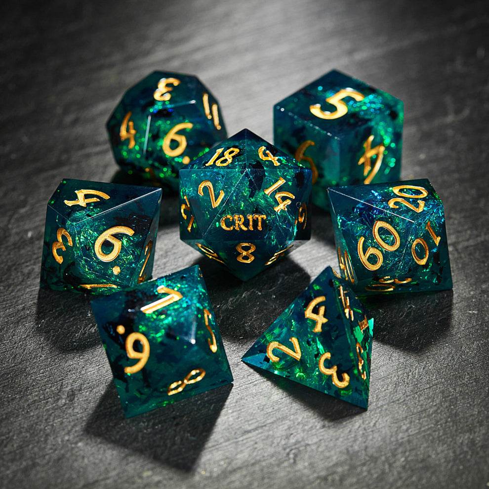 Crit or Shit dice set of 7 - Dark Green Resin Crit DnD D&D Dice Set