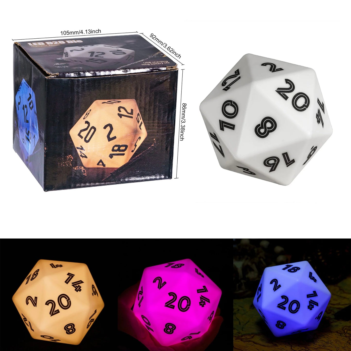 CRITALLIC 86MM LED D20 USB Rechargeable DND Dice ,Switch Into 3 Colors: Yellow, Red and Blue,for Role Playing Game Pathfinder