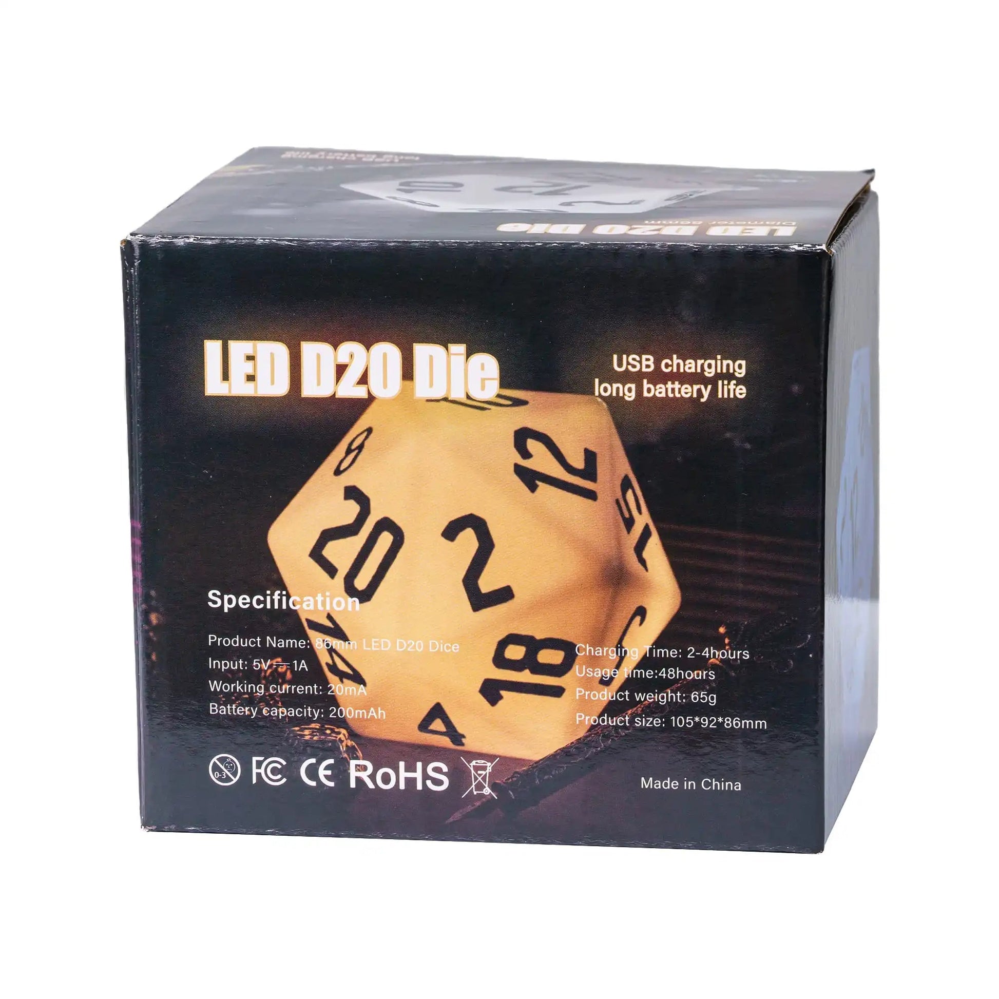 CRITALLIC 86MM LED D20 USB Rechargeable DND Dice ,Switch Into 3 Colors: Yellow, Red and Blue,for Role Playing Game Pathfinder