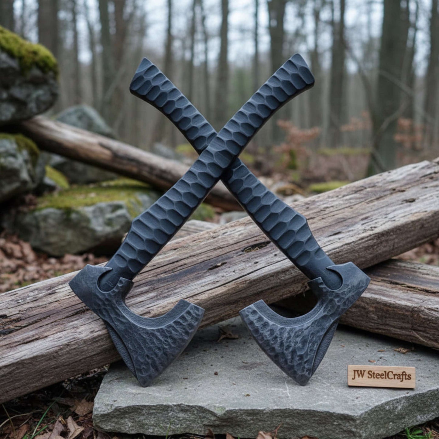 Forged Tool Axe Duo – Textured Steel Heads with Sculpted Hardwood Handles and Leather Sheaths