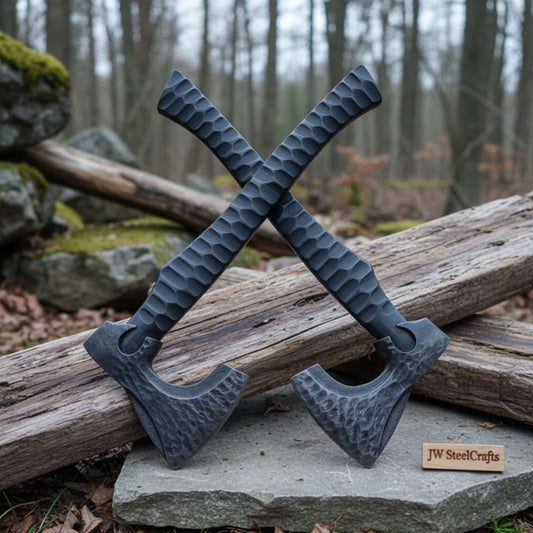 Forged Tool Axe Duo – Textured Steel Heads with Sculpted Hardwood Handles and Leather Sheaths