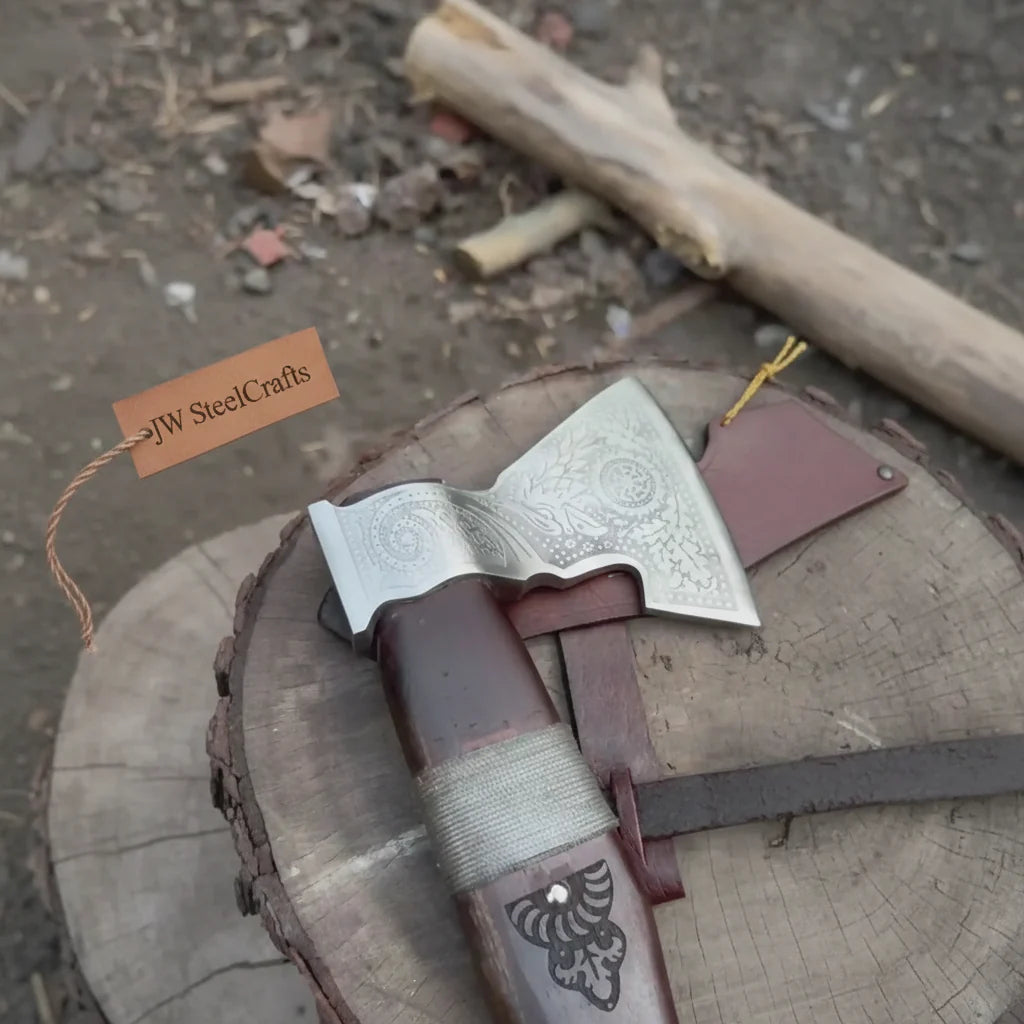 Viking Bearded Axe with Norse Engraved Blade and Leather Sheath