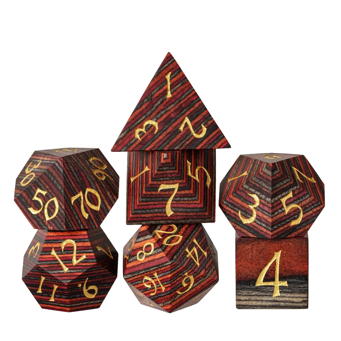 Cusdie 7Pcs Wooden Dice Set Unique Stripe D&D Dice D4 D6 D8 D10 D% D12 D20 Polyhedral Games Dice Set for Table Games RPG