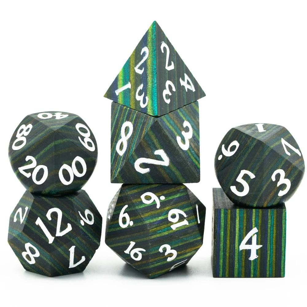 Cusdie 7Pcs Wooden Dice Set Unique Stripe D&D Dice D4 D6 D8 D10 D% D12 D20 Polyhedral Games Dice Set for Table Games RPG