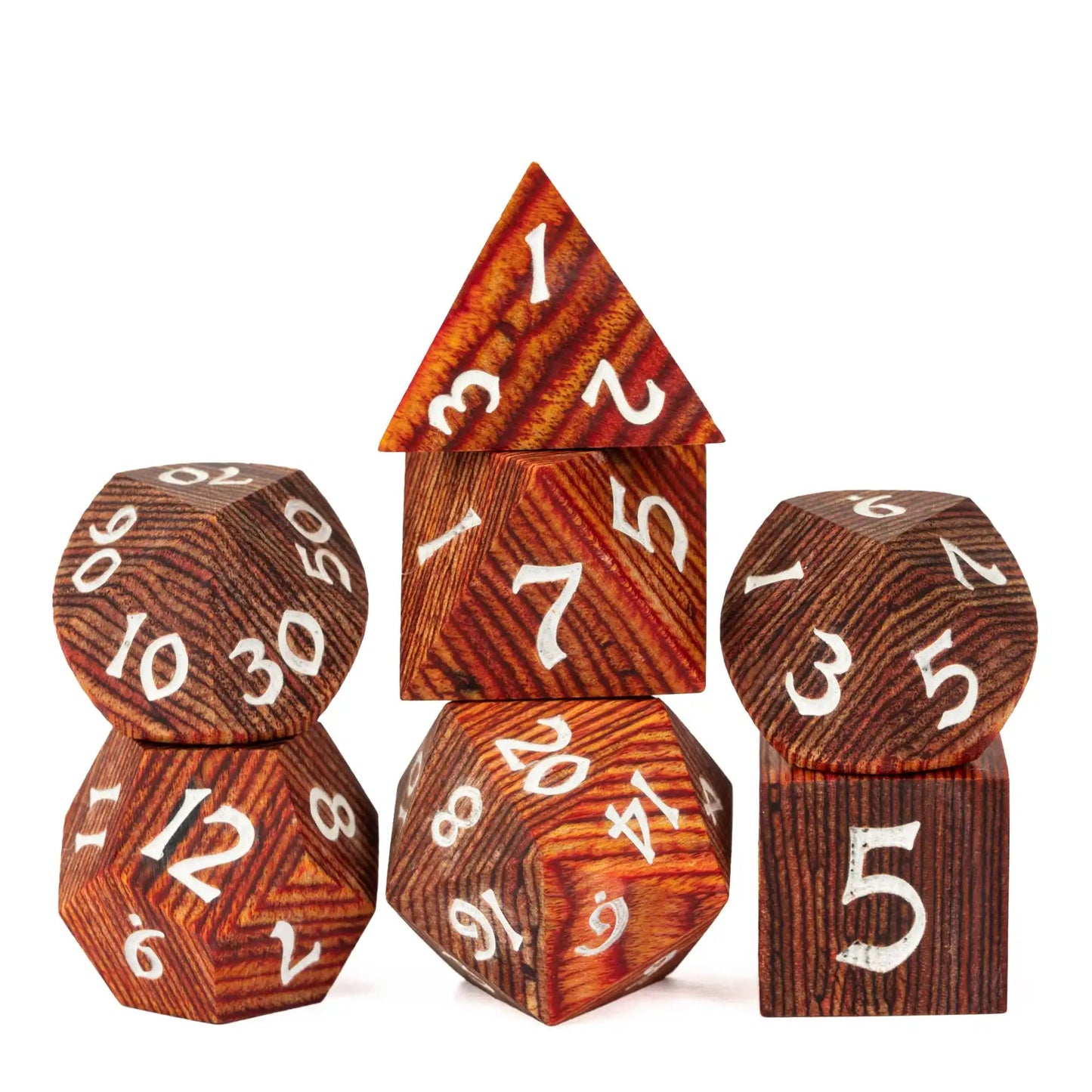 Cusdie 7Pcs Wooden Dice Set Unique Stripe D&D Dice D4 D6 D8 D10 D% D12 D20 Polyhedral Games Dice Set for Table Games RPG