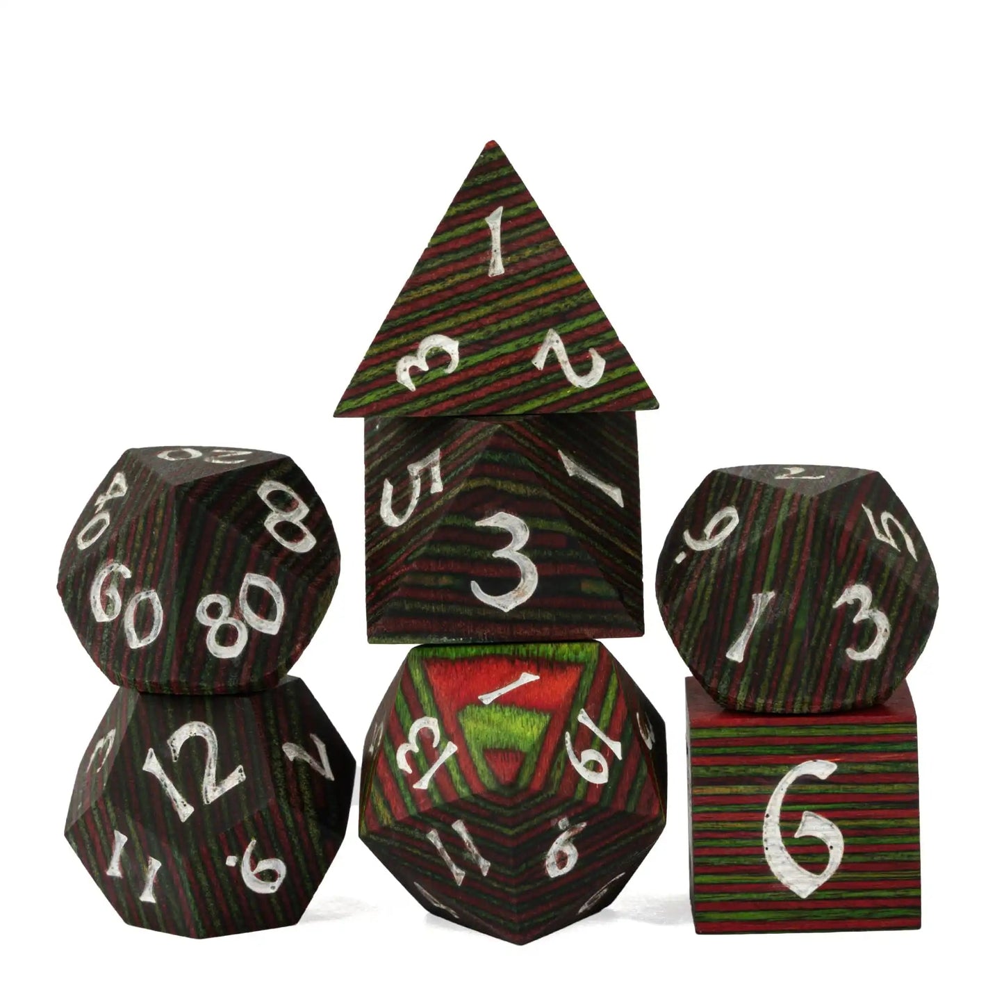 Cusdie 7Pcs Wooden Dice Set Unique Stripe D&D Dice D4 D6 D8 D10 D% D12 D20 Polyhedral Games Dice Set for Table Games RPG