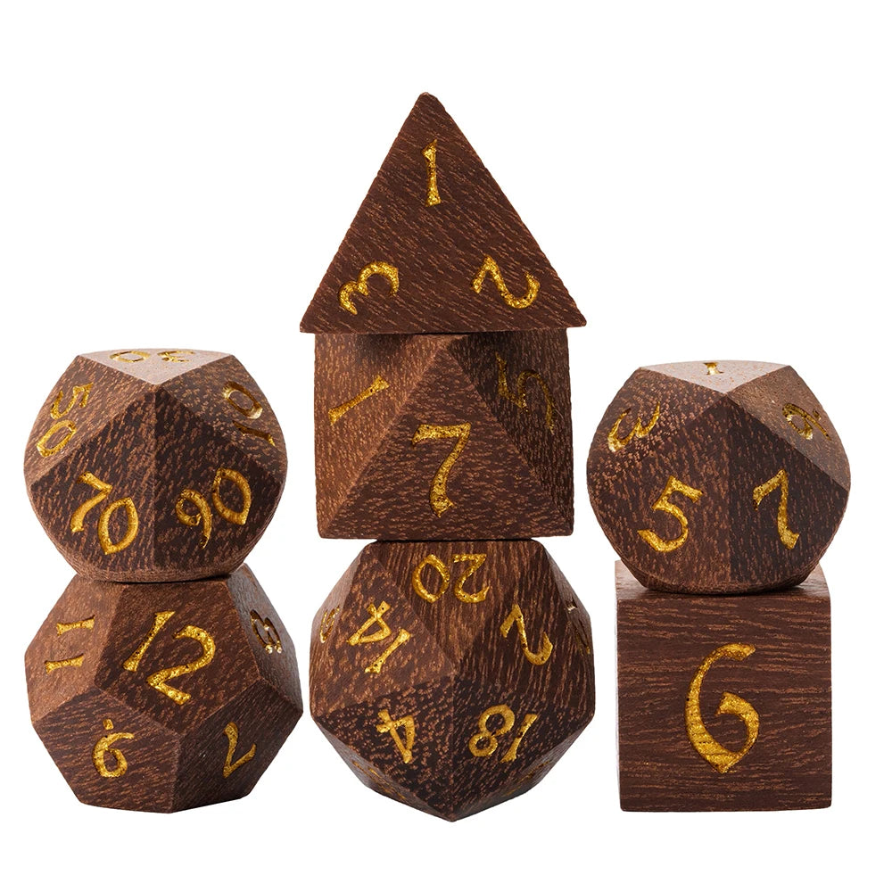 Cusdie 7Pcs Wooden Dice Set Unique Stripe D&D Dice D4 D6 D8 D10 D% D12 D20 Polyhedral Games Dice Set for Table Games RPG