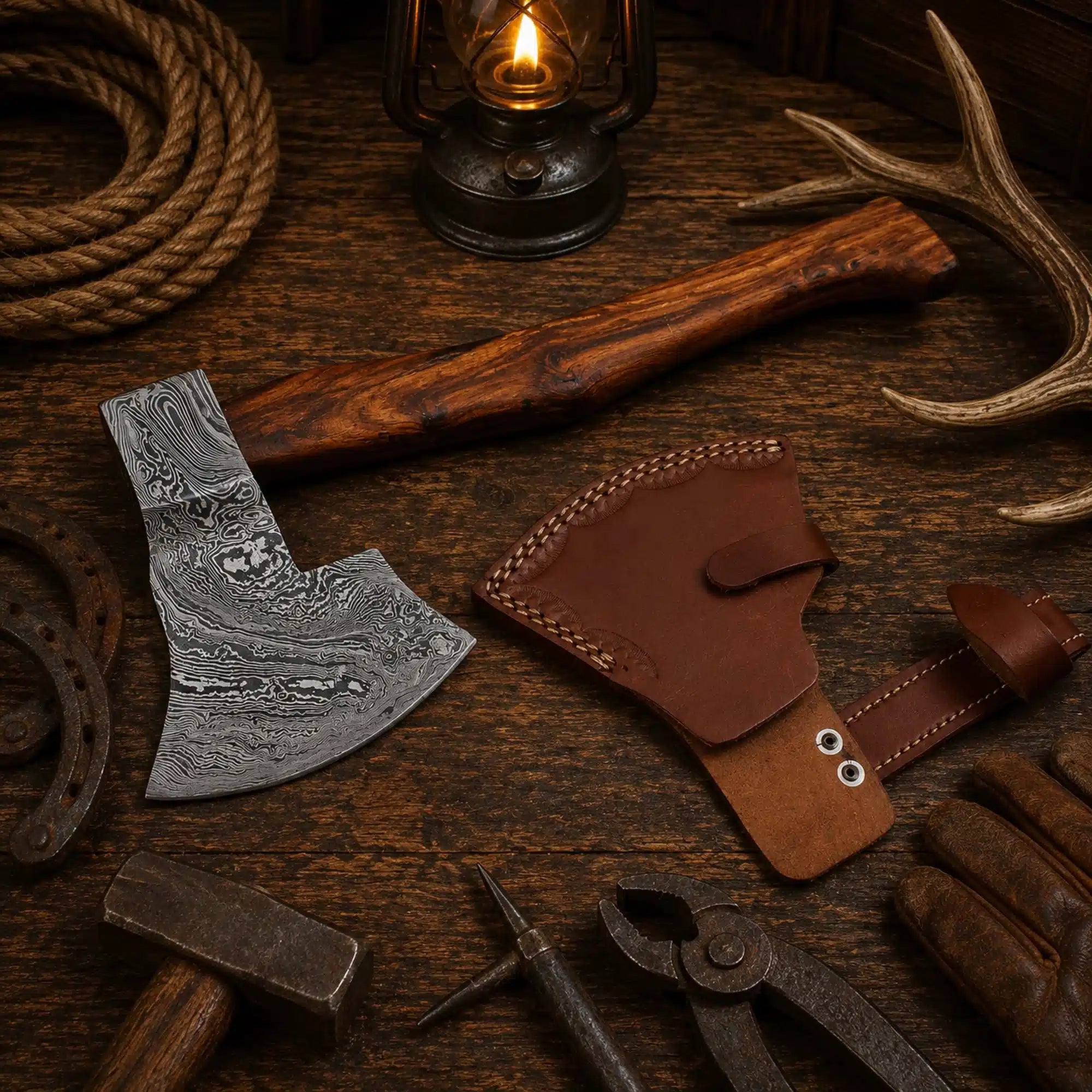 Custom Damascus Axe – Hand Forged Ranch Hatchet with Wood Handle