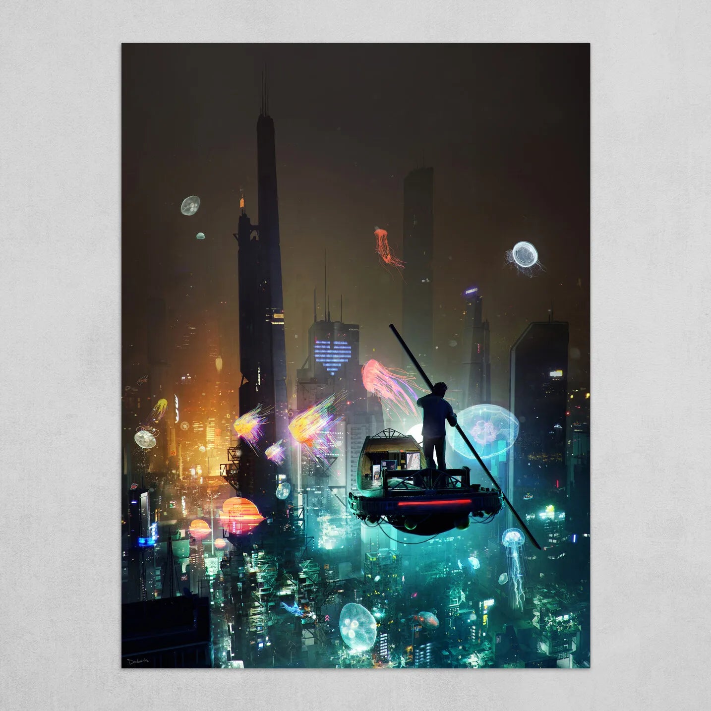 Cyberpunk Poster Prints with Frame Future World Technology Fantasy City Night Neon Lights Canvas Art Painting Wall Picture Decor