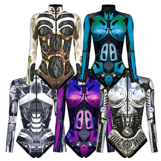 Cyberpunk Robot Armor Zentai 3D Digital Print Jumpsuit Briefs Cosplay Costume Women's Zipper Bodysuit Party Halloween