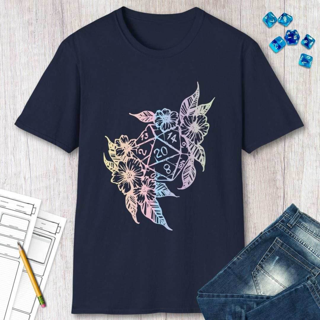 D&D D20 Dice Flower T-Shirt - Navy / S