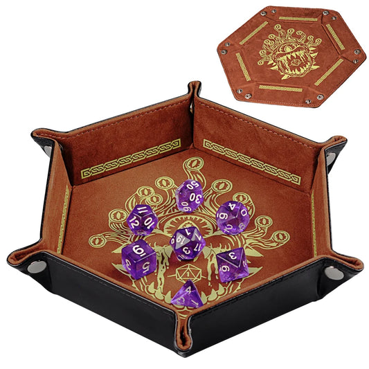 D&D Dice Tray PU Leather Hexagon Dice Holder Printed with Beholder Portable and Foldable Dice Rolling Mat