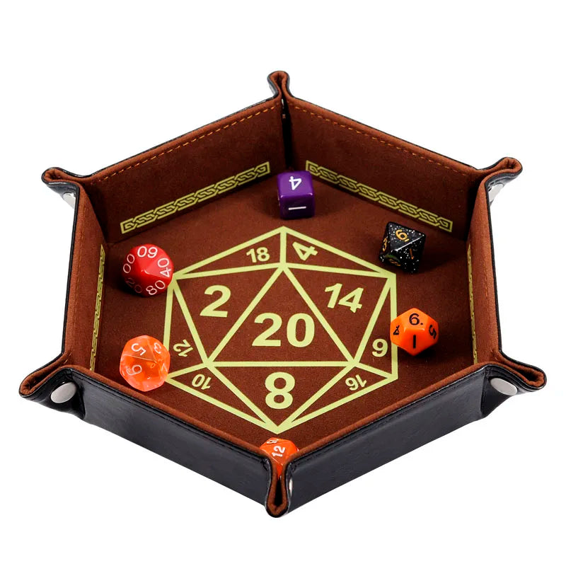 D&D Dice Tray PU Leather Hexagon Dice Holder Printed with Beholder Portable and Foldable Dice Rolling Mat