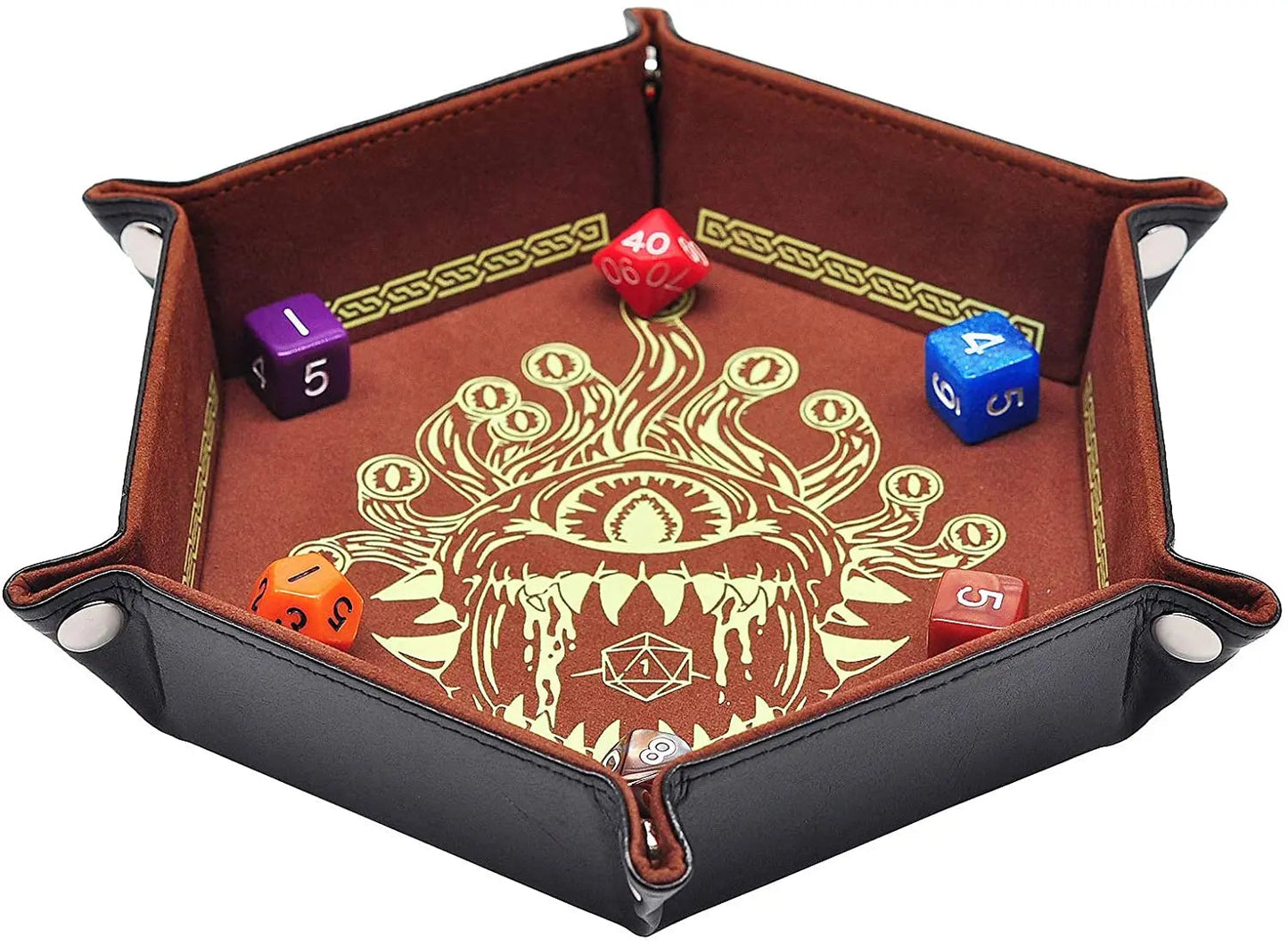 D&D Dice Tray PU Leather Hexagon Dice Holder Printed with Beholder Portable and Foldable Dice Rolling Mat