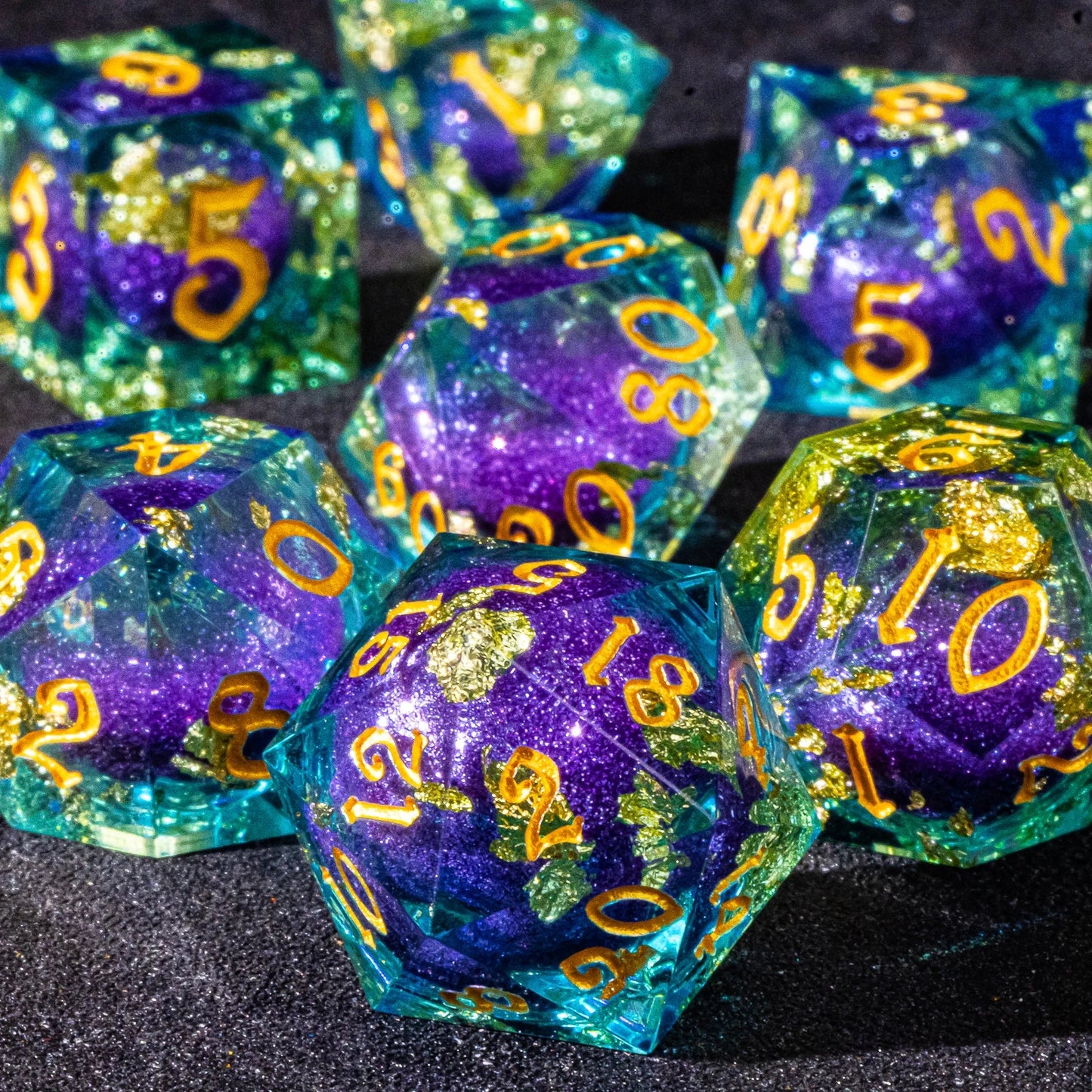 D&D Liquid Core Dice & Galaxy Sharp Edge D and D Dungeon and Dragon Pathfinder Role Playing Games Dice,Gold foil resin dice