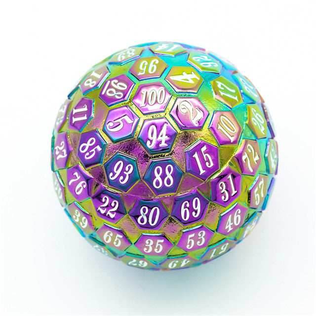 Rainbow Metal Single 100 Sided Polyhedral Dice (D100) | w/ White Color (45mm) - 