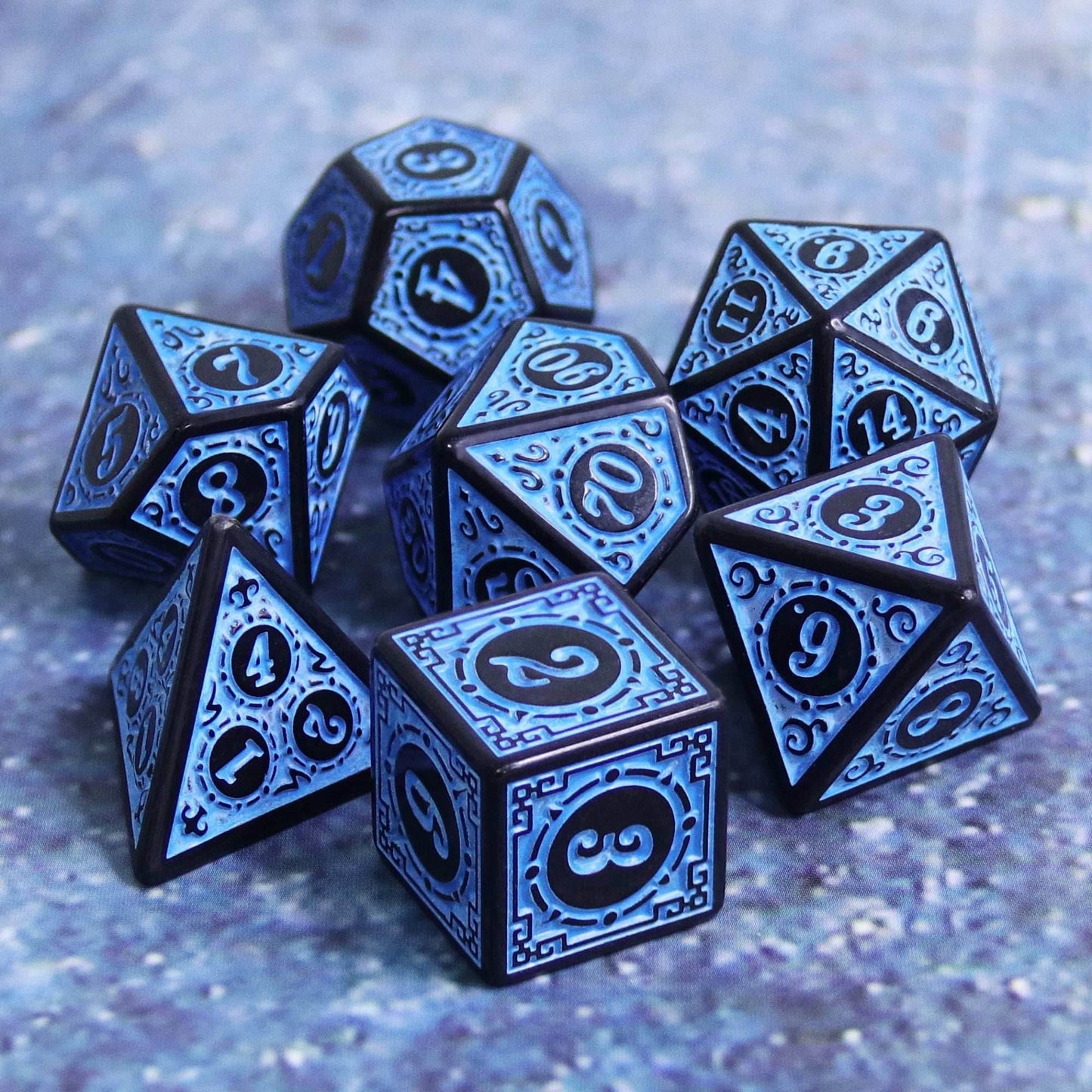 Blue Magic Flame 7-Dice Set DND RPG Dice Black w/Color Fill - 