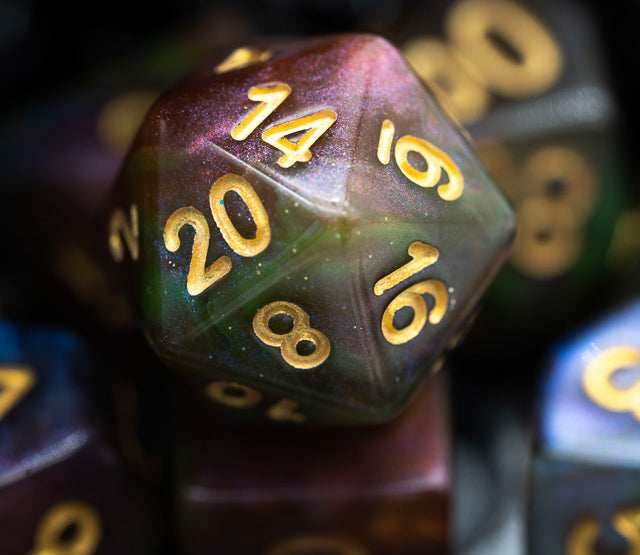 Purple & Green w/gold Galaxy Glitter 7-Dice Set RPG - 