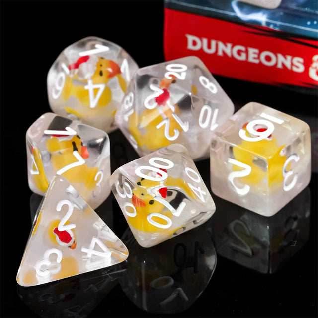 Yellow Duck Red Hat 7-Dice Set w/White Numbers Dnd Dice Set - 