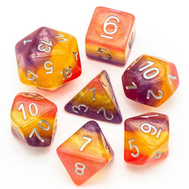 Orange Yellow Purple Glitter Layer 7-Dice Set w/Silver Numbers - 