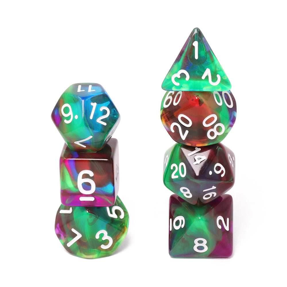 Bottom of the Sea 7-Dice Set Green/Mix w/White Numbers Stained Glass Dnd Dice Set - 