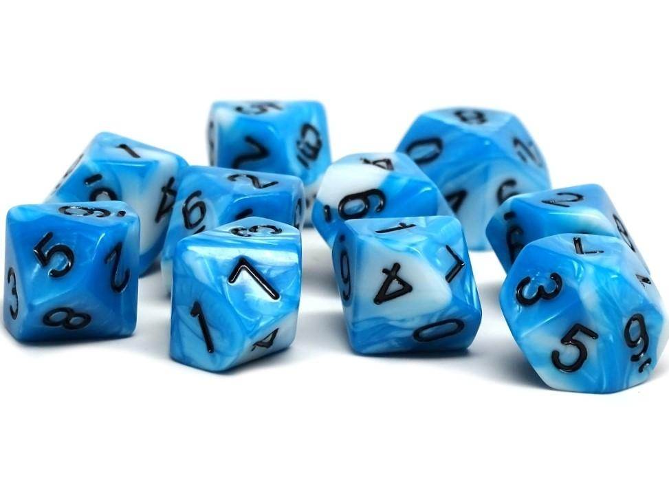 D10 Pack - Ten Count Pack of Cyan and White Swirl 10 Sided Dice - 