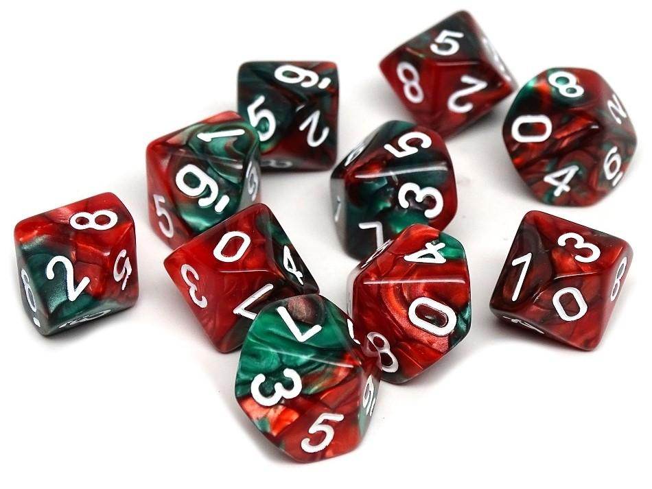 D10 Pack - Ten Count Pack of Green and Red Swirl 10 Sided Dice - 