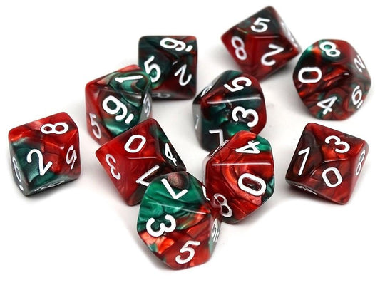 D10 Pack - Ten Count Pack of Green and Red Swirl 10 Sided Dice